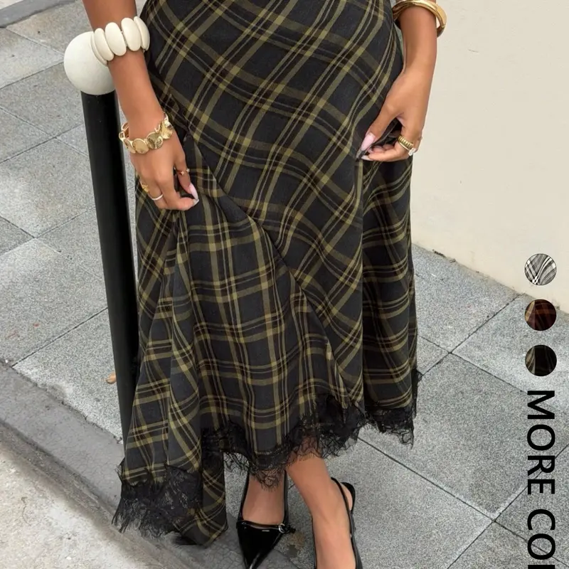 1 Piece Y2K Casual Bottom, All Over Check Plaid High-Rise Asymmetrical Diagonal-Cut Lace Hem Uneven-Length Midi Skirt