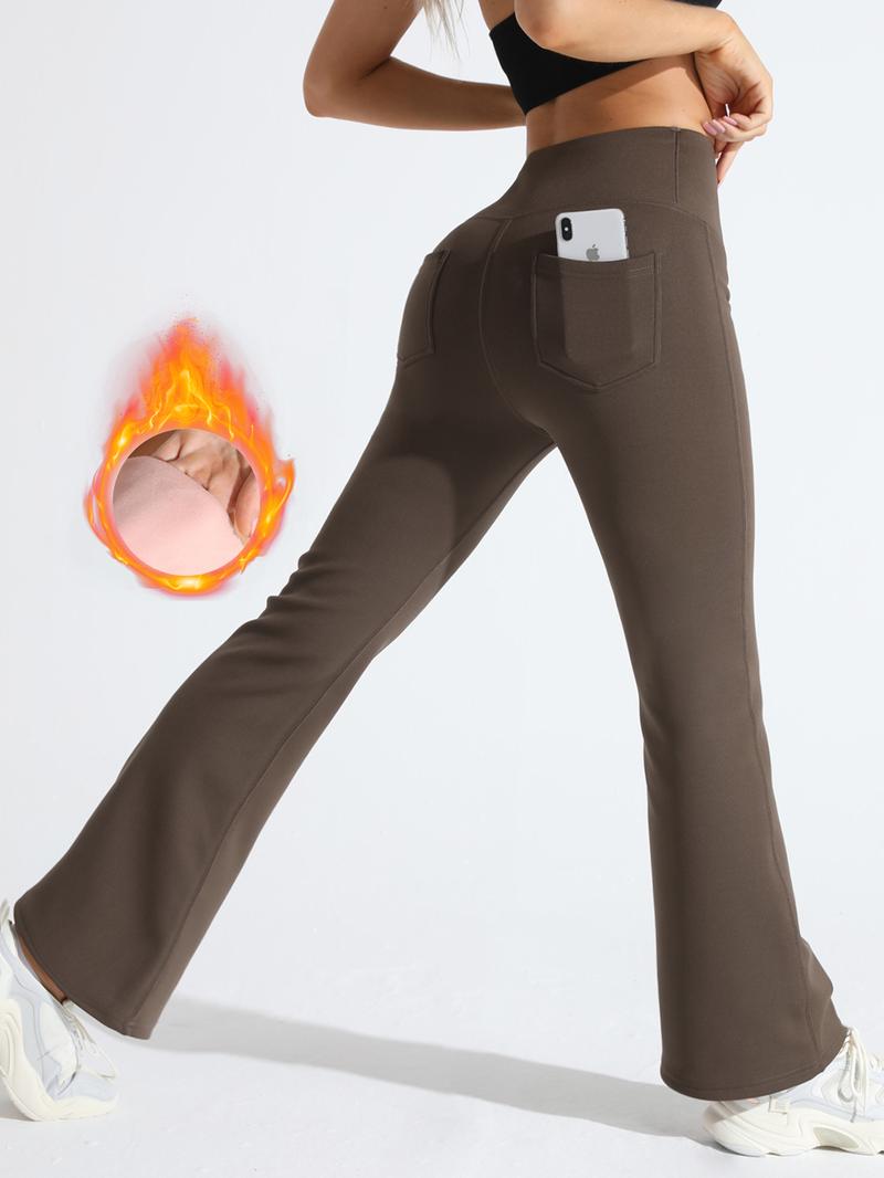Women's High-Waisted Yoga Flare Pants, Athleisure Pants, Sporty Fitted Design, Thick Fabric, Loose Leg, Pocket Detail, Ideal for Outdoor Fitness