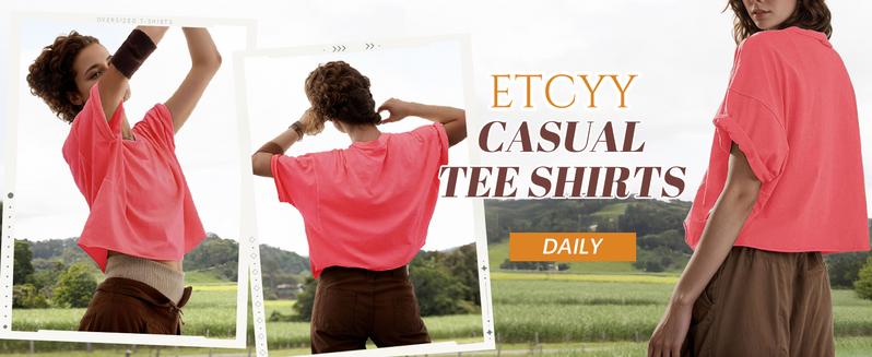 【ETCYY】Women’s 2025 Oversize Crop Tops – Minimalist Loose Fit Drop-Shoulder Tees with Batwing Sleeves, Roll Hem, Round Neck, Vintage Graphic Shirts for Yoga/Running/Gym/Summer Streetwear