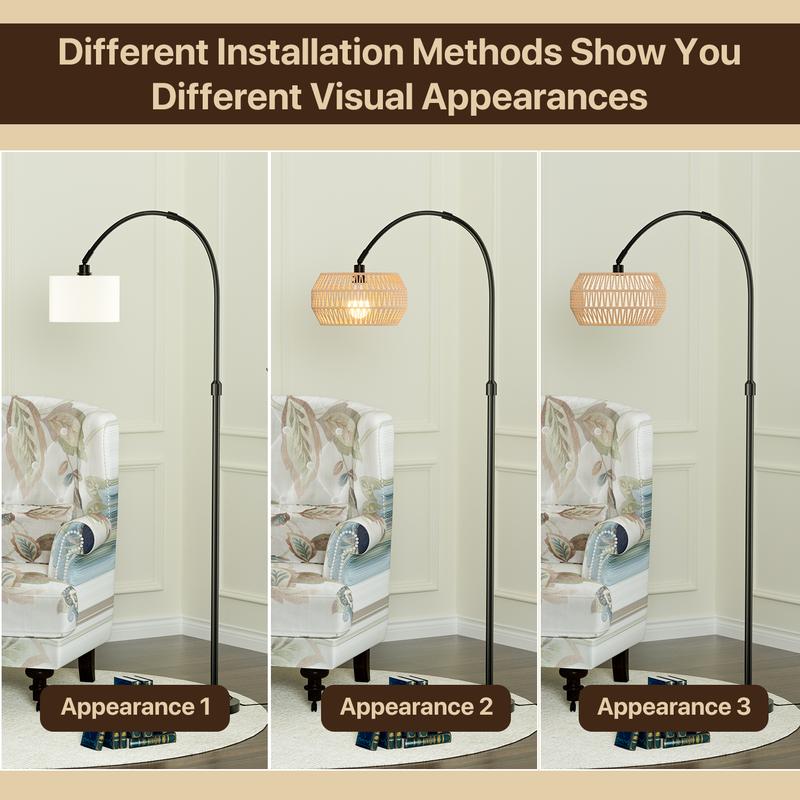 GLITGATE Boho Fishing Floor Lamp with Remote Control, Dimmable Arc Floor Lamp with 3 CCT and RGB,Farmhouse vintage Floor Lamps with Rattan Shades, Vintage floor lamp, Dimmable floor lamp for Bedroom, Office, living room,bedroom