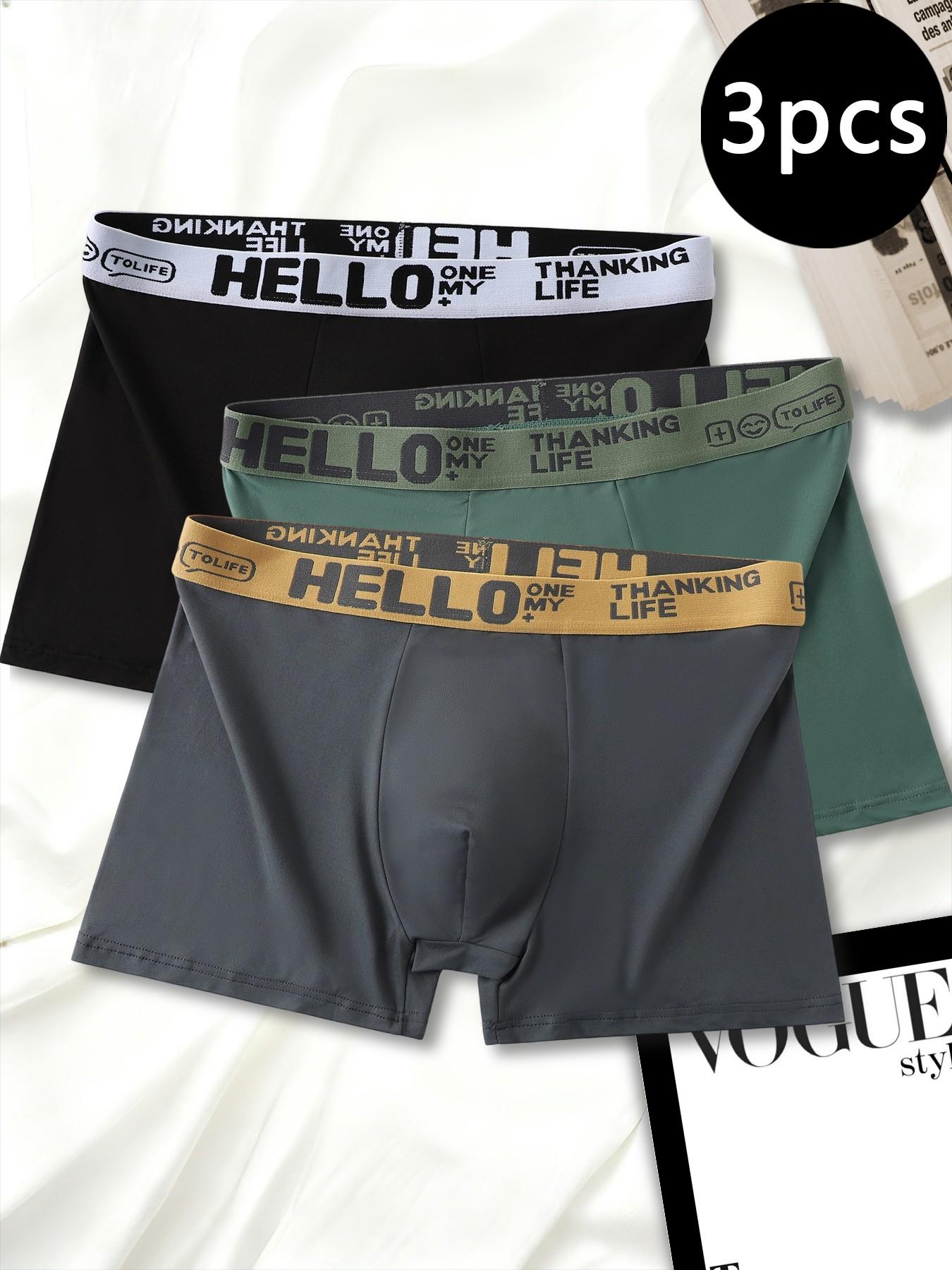 Trendy men's boxer briefs with HELLO lettered waistbands, available in multiple color combinations and a wide variety of options.