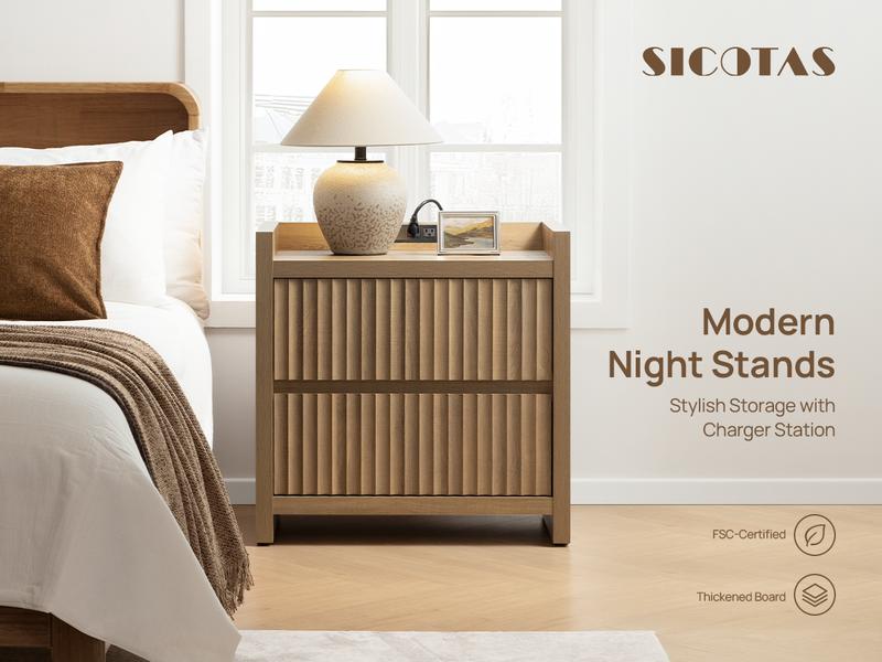 SICOTAS Night Stand Set of 2 Fluted Nightstands with Charger Station, Large Modern Nightstand Bedside Table End Table with 2 Drawers, 25" Wide Farmhouse Night Stands for Bedroom, Sofa Side