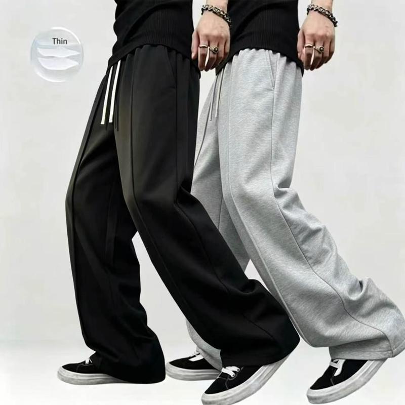 Men's 2PC Breathable Loose-Fit Sports Joggers, Streetwear Outfits with Drawstring Waist, Plus Size Clothes, Fashionable Wide Leg Solid Color Pants for Spring & Autumn