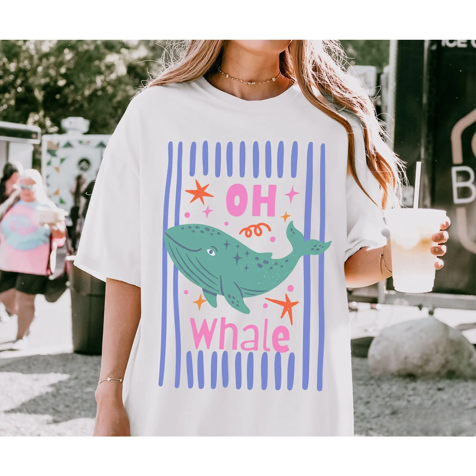 Women's Short-Sleeve "Oh Whale" Graphic T-Shirt - Colorful Quirky Meme-Style Design, Ideal for Beach, Casual Summer Outfits, Hand Wash Top, Shortsleeve, Tshirt