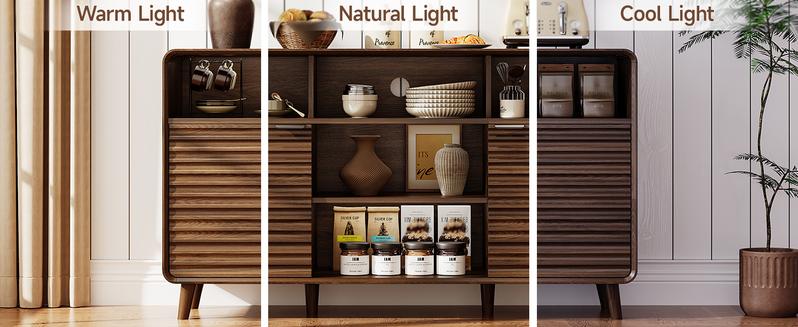 【Valentine's Day gift】ONBRILL 58 Inch Curved Sideboard Buffet Cabinet w/2 Wave Doors and Open Storage Spaces, Angled Side Frame, Sideboard Storage with Adjustable Shelves, Coffee Bar Cabinet for Dining Room, Living Room