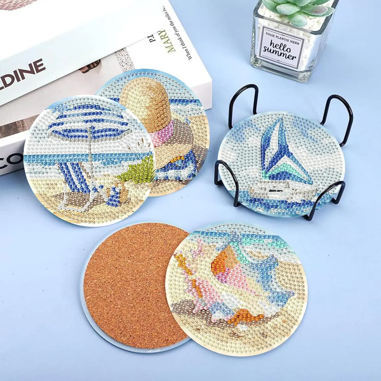 8 PCS Diamond Art Coasters, Summer Beach Ocean Theme Diamond Painting Coasters