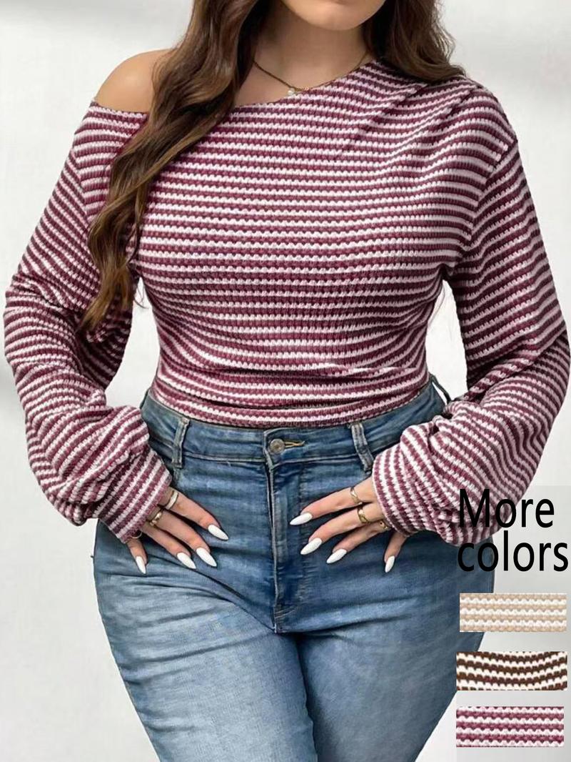 【Plus Size】1 Piece Women's Beige & White Striped Cold Shoulder Long Sleeve Crop Top, Y2K Aesthetic Street Style, Waffle Knit Fabric & Slim Fit, Ruffled Cuff Detail, For Fashion-Forward Women, Perfect for Streetwear, Casual Outings & TikTok Trendy Looks