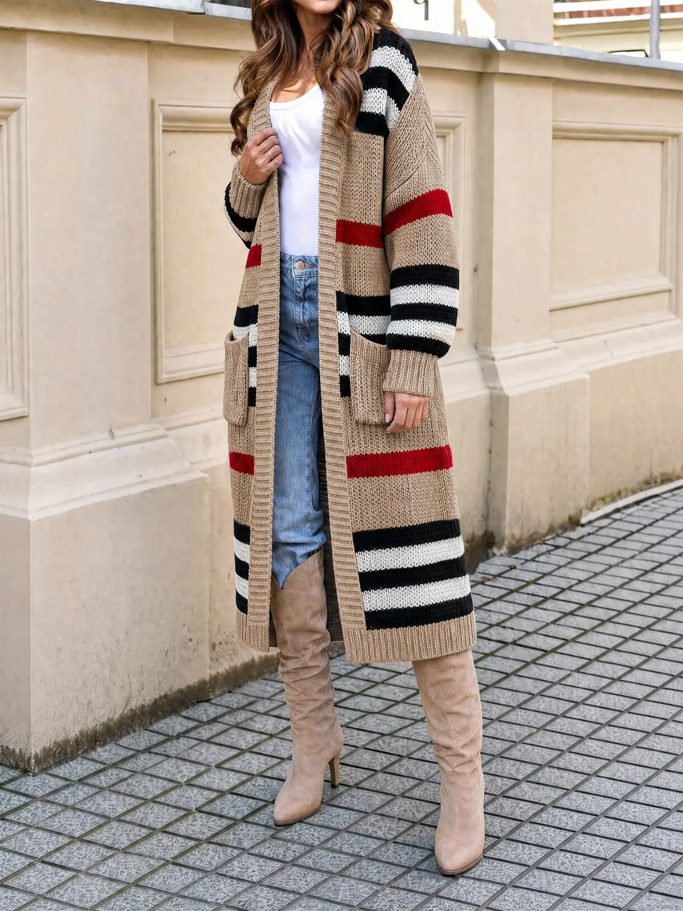 Women's Plus Size Striped Knit Cardigan, Pockets, Loose-Fitting Long Sleeve Pullover, Fall & Winter Casual Outerwear, Daily Wear Jacket