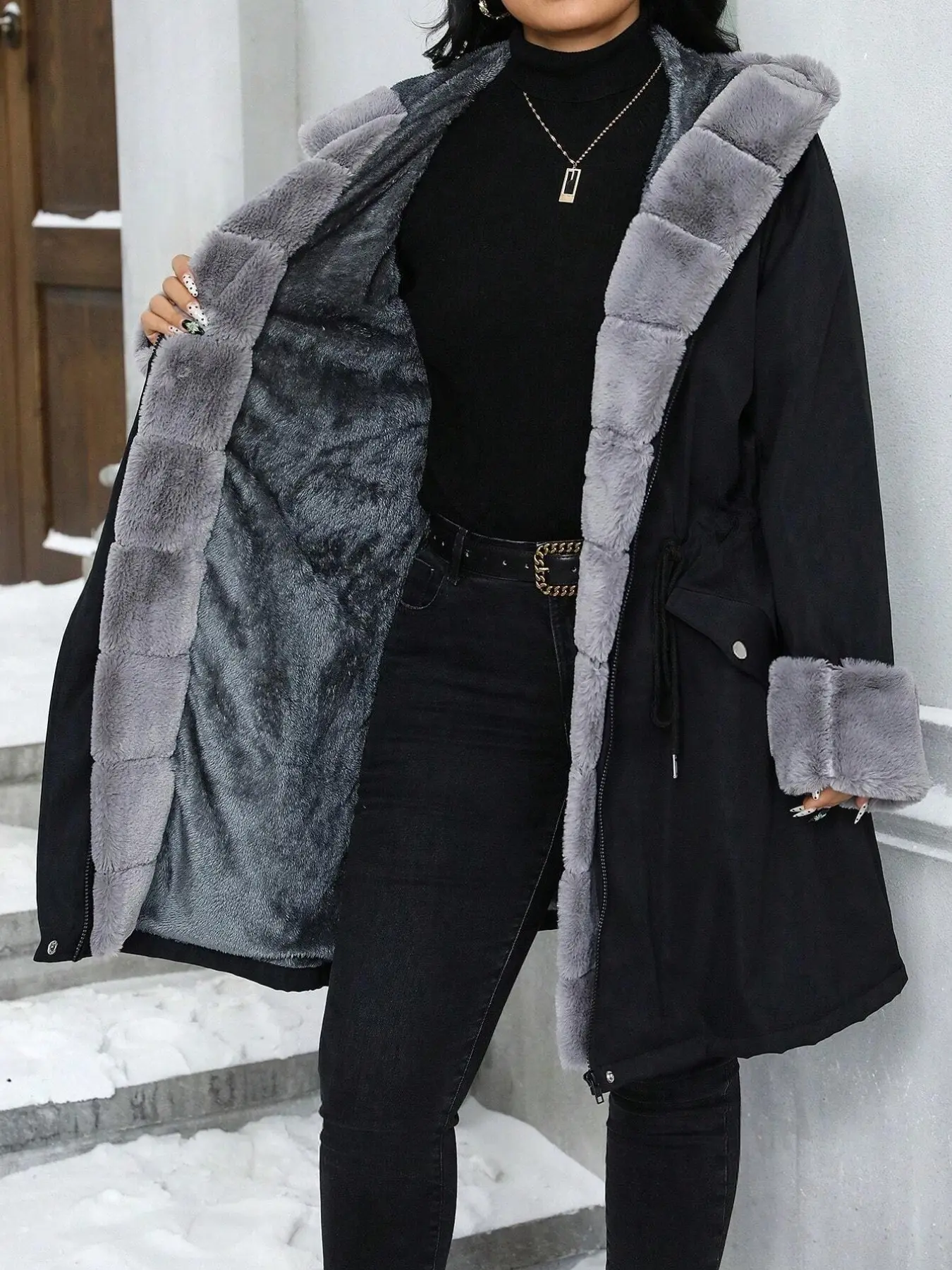 Women's Hooded Quilted Jacket, Thick Faux Rabbit Fur Lining, Waist Drawstring, Winter Outdoor Wear, Loose Fit, Warm and Stylish