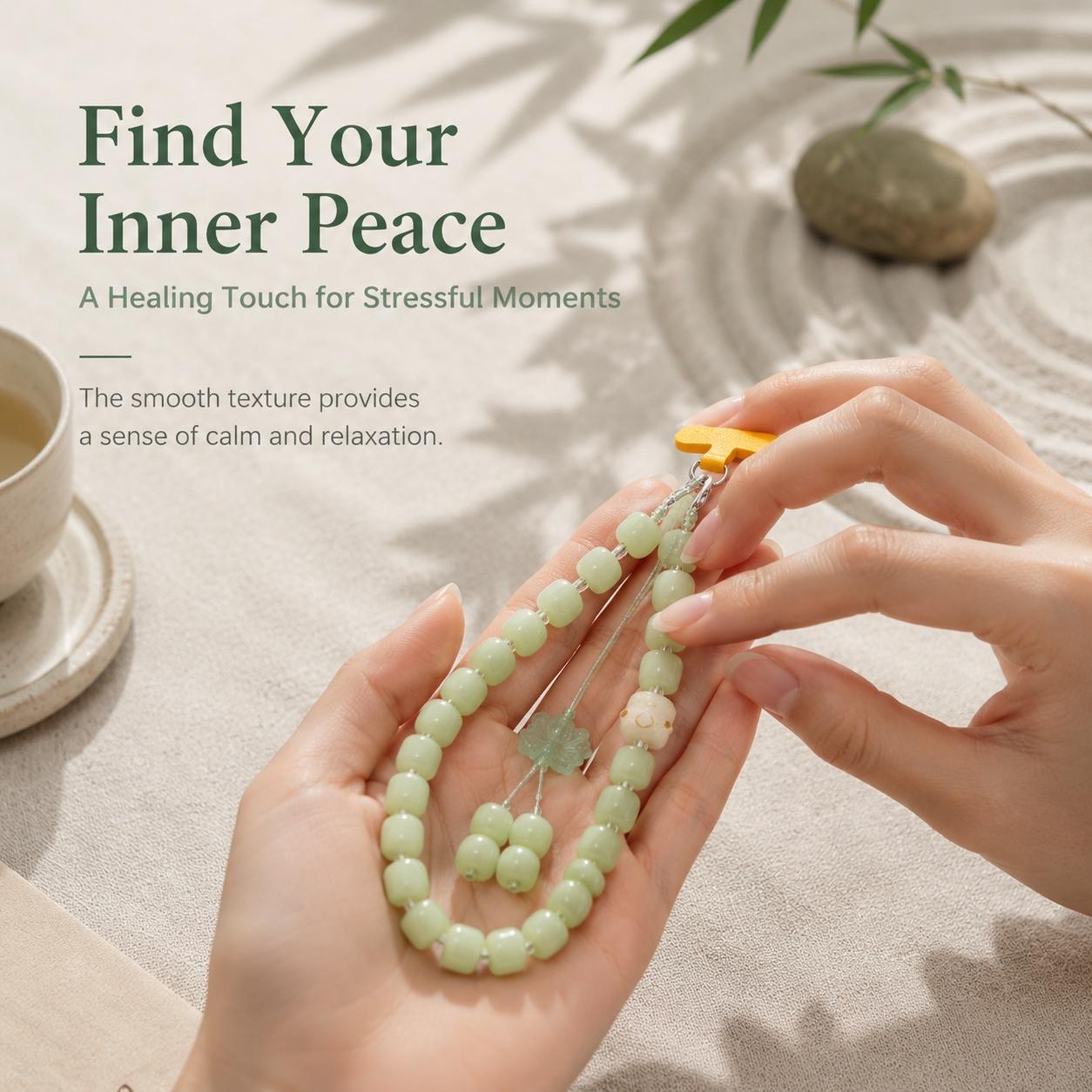 Anti-Lost Green Jade Beaded Phone Lanyard, Cute Lucky Cat & Lotus Charm Phone Strap, Aesthetic Phone Accessory