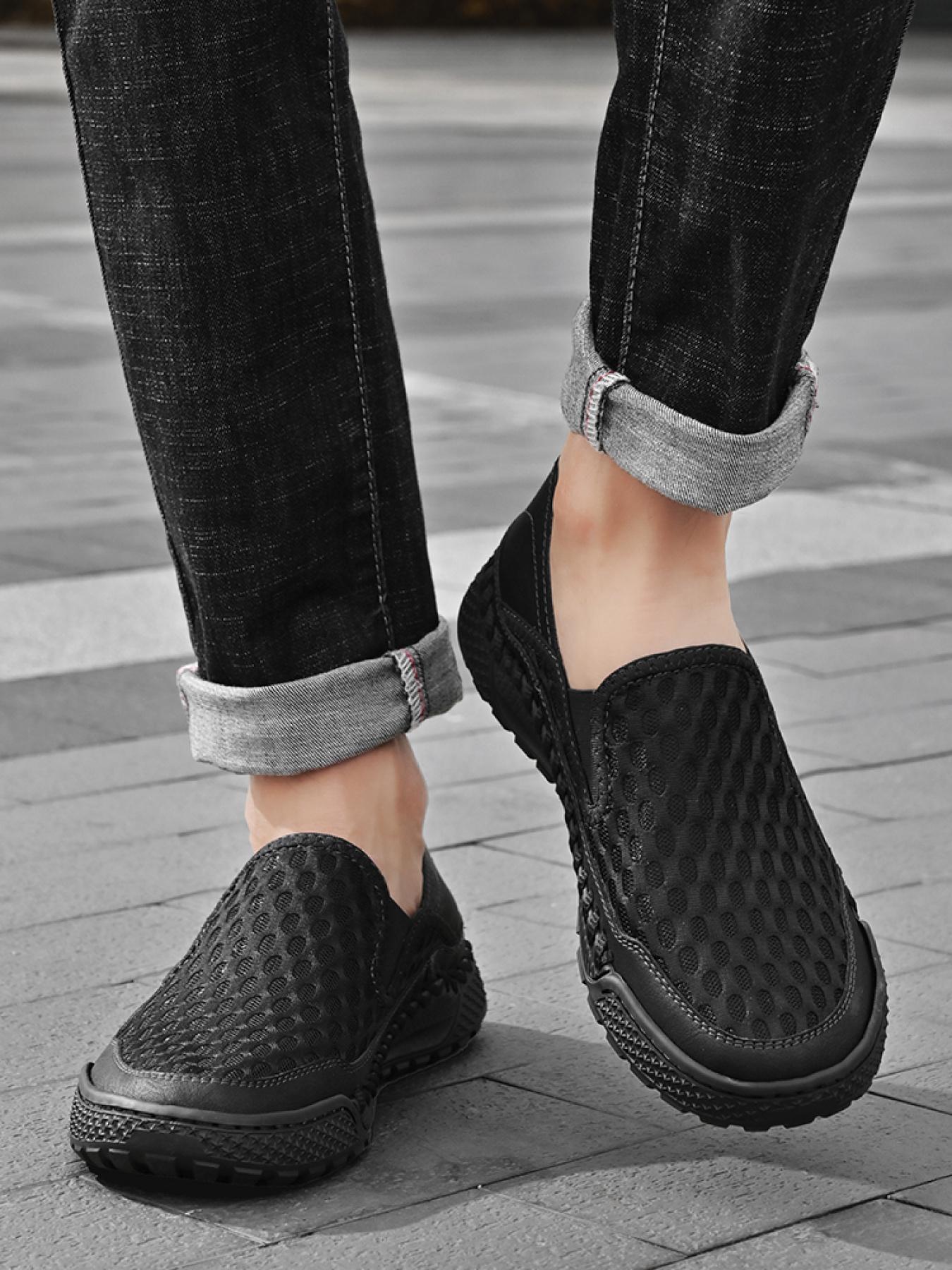 Men's Solid Color Mesh Breathable Slip-On Loafers, Soft Sole Anti-Slip Hand-Stitched Walking Shoes, Lightweight Casual Dad Shoes