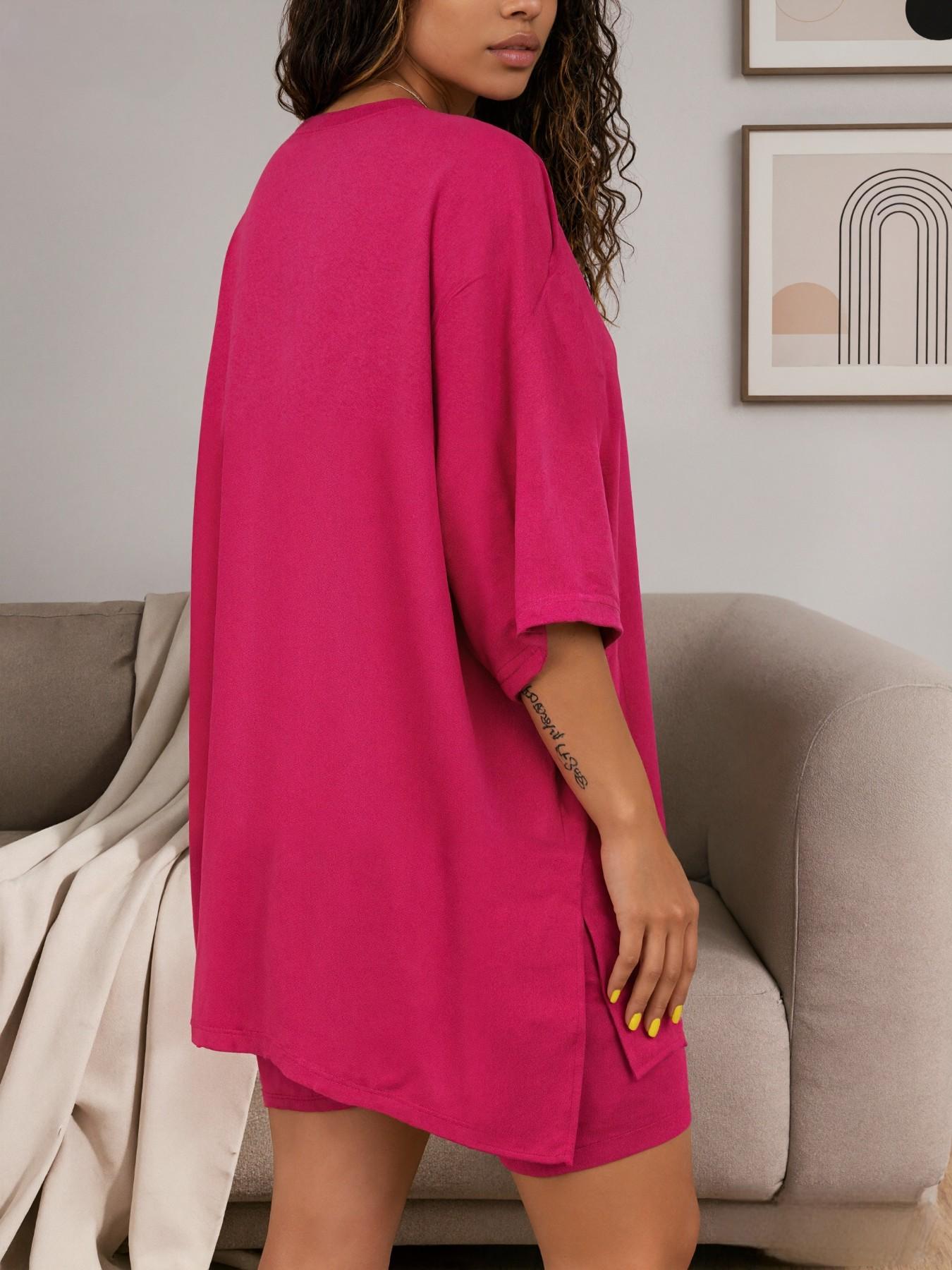 Women's Solid Color T-Shirt and Tight Shorts Set Loungewear, Summer Comfort Round Neck Pajamas, Casual Pocket Design, Suitable for Outdoor Wear
