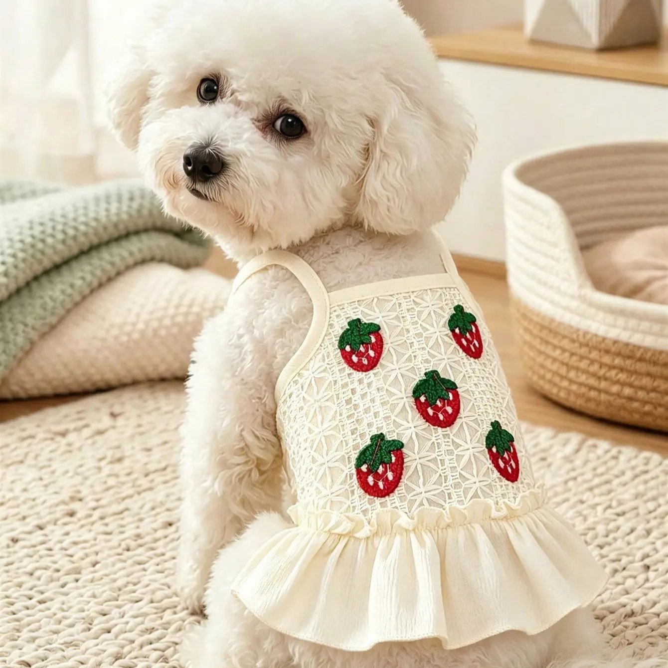 Breathable Floral Fabric Pet Dress for Cats and Dogs, Strawberries Decoration, Ruffle Hem Design, Summer and Spring