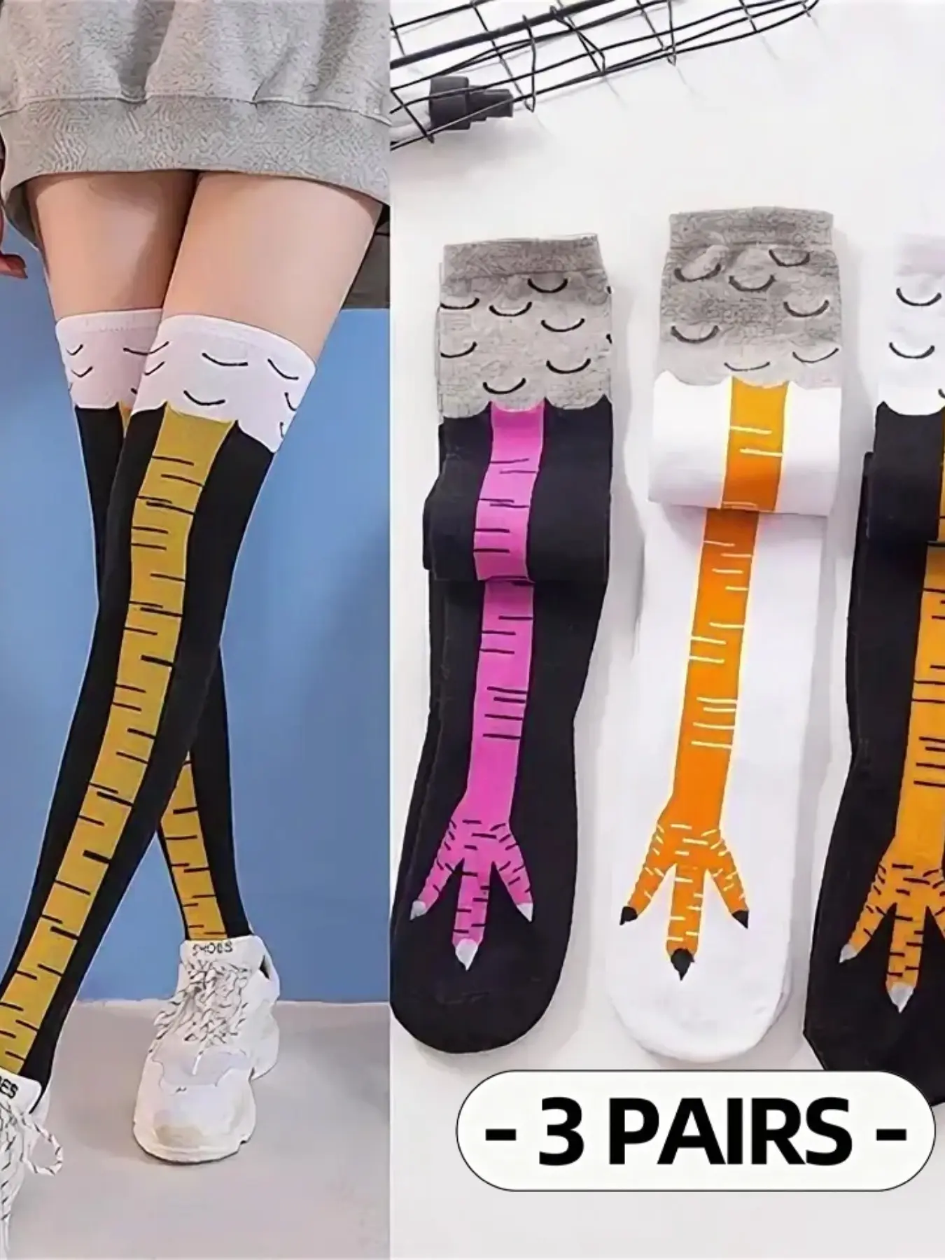 Fashion Y2K Millennium Style Over-The-Knee Socks in Bright Colors, High Elasticity, Quirky Chicken Claw Pattern Double Pack, Perfect for Festive and Party Wear