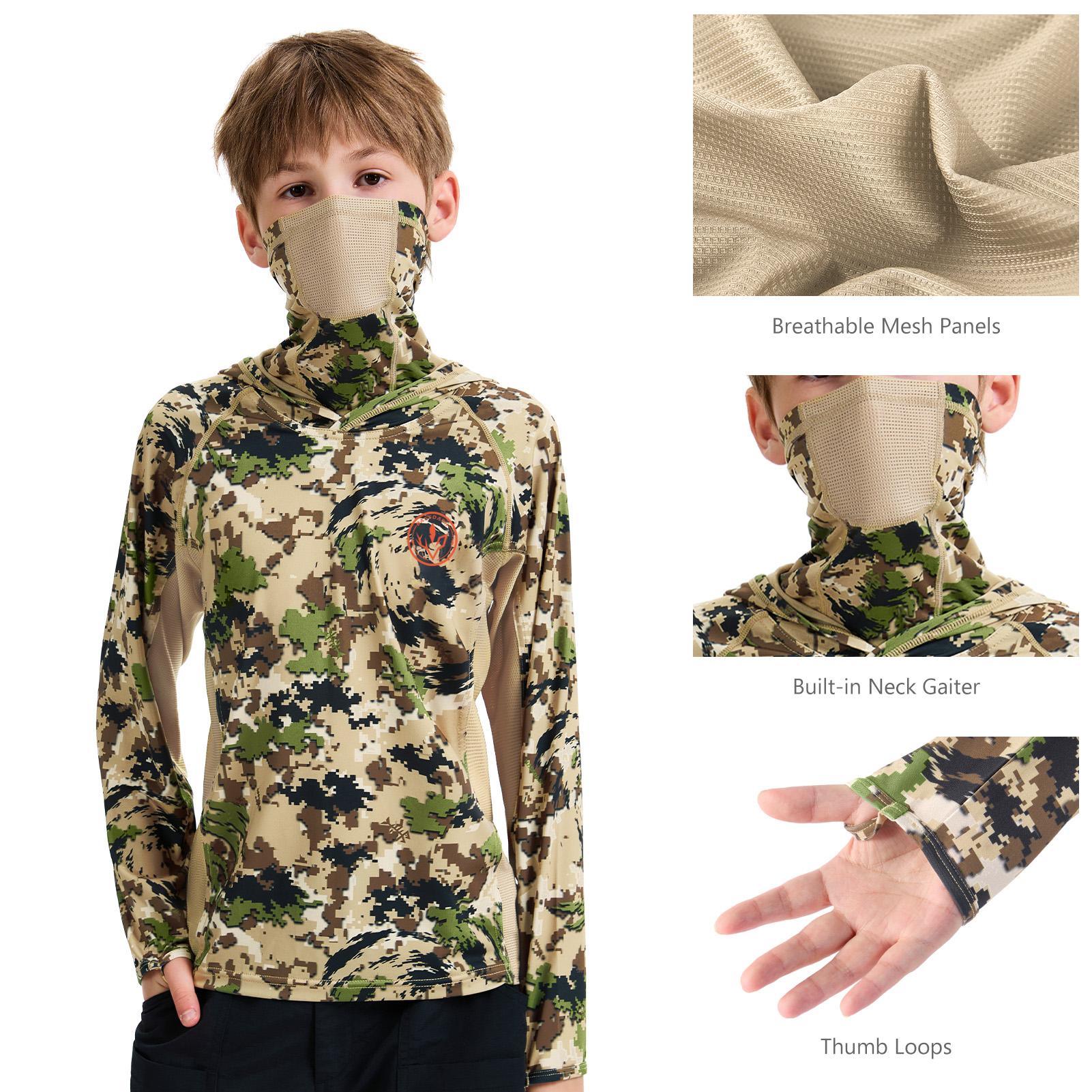 BASSDASH Youth UPF 50+ Camo Hunting Hoodie Shirt with Neck Gaiter Quick Dry Long Sleeve Hooded Tee for Fishing Hiking