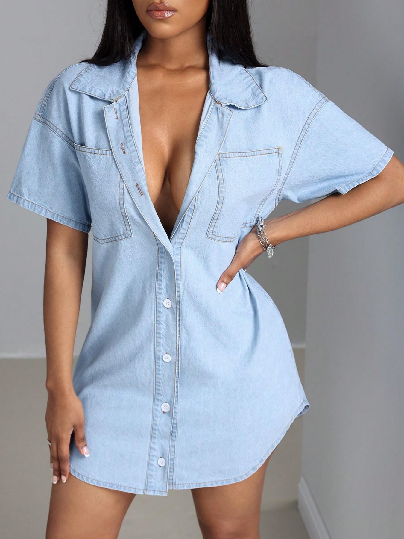 Elegant Summer Women's Lapel Short Sleeve Slim Fit Button Collared Dress, Single Button Denim Shirt Mini Skirt, Stylish Casual Wear