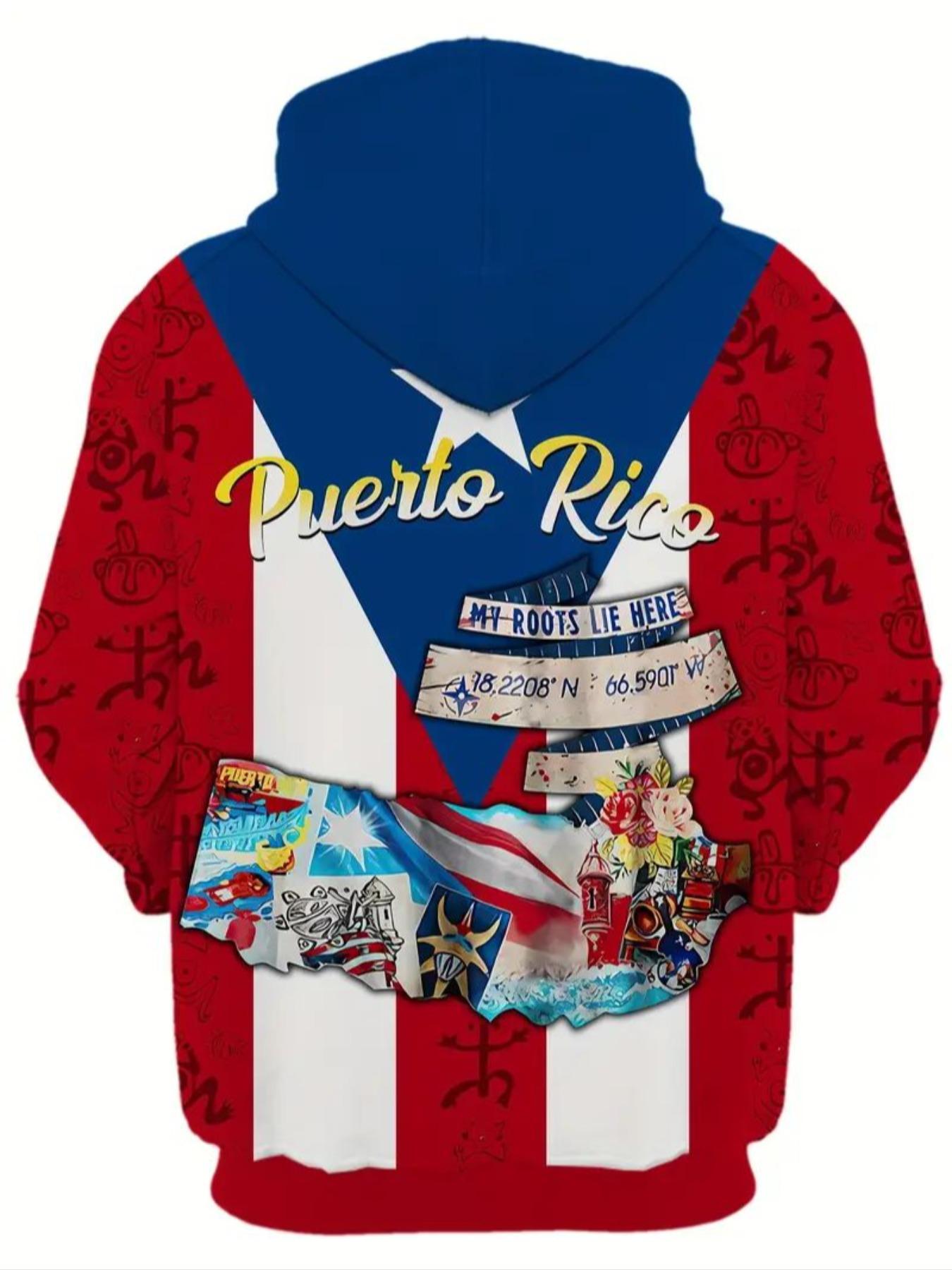 Men's Puerto Rican Flag Graphic Hoodie, Casual Fitted Pullover with Drawstring, Loose Fit Outdoor Fitness Wear, Fall Winter Clothing