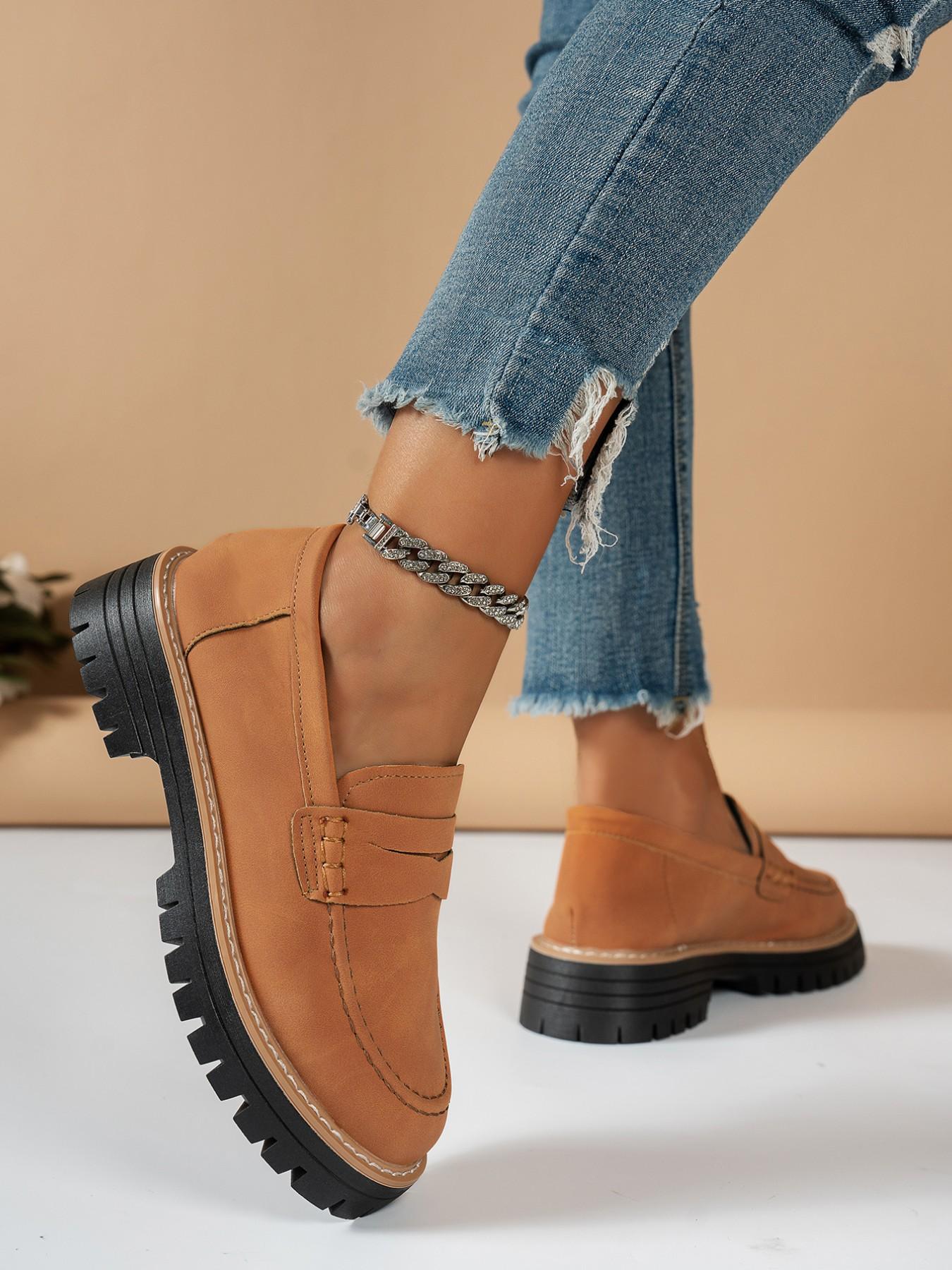 Women's Thick Sole Loafers, PU Leather Loafers, Platform Loafers, Slip-On Design, Casual Style, Height Increasing Comfort, Perfect for Commuting, Leisure Outings, Light Social Events, Casual Flats