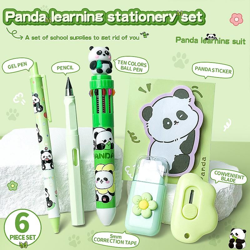 Panda Learning Stationery Set, 6-Piece Aesthetic School Supplies, Ballpoint Pens, Neutral Pens, Pencils, Correction Tape, Sticky Notes, Cute Panda Design
