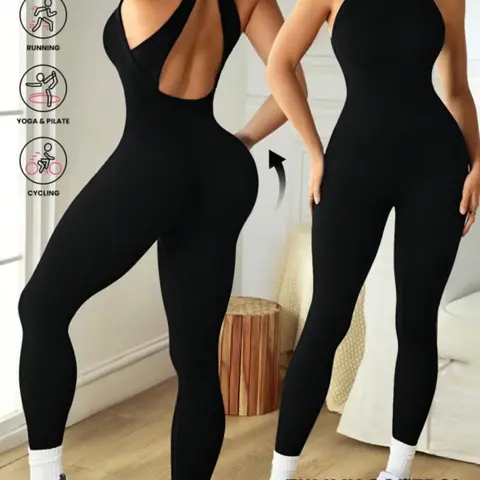 Women's Spring Summer U Neck Jumpsuit, Casual Long Sleeve Plain Design, Comfortable Unlined Style, Ideal for Daily Wear & Yoga