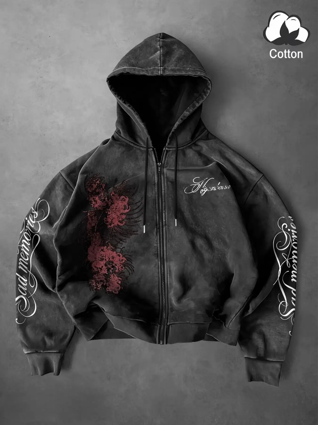 Men's Zipper Hooded Jacket, Washed Cotton Fabric, Vintage Street Style, Floral Print, Full Zip, Drawstring Hood, Loose Fit, Casual Wear, Long Sleeve