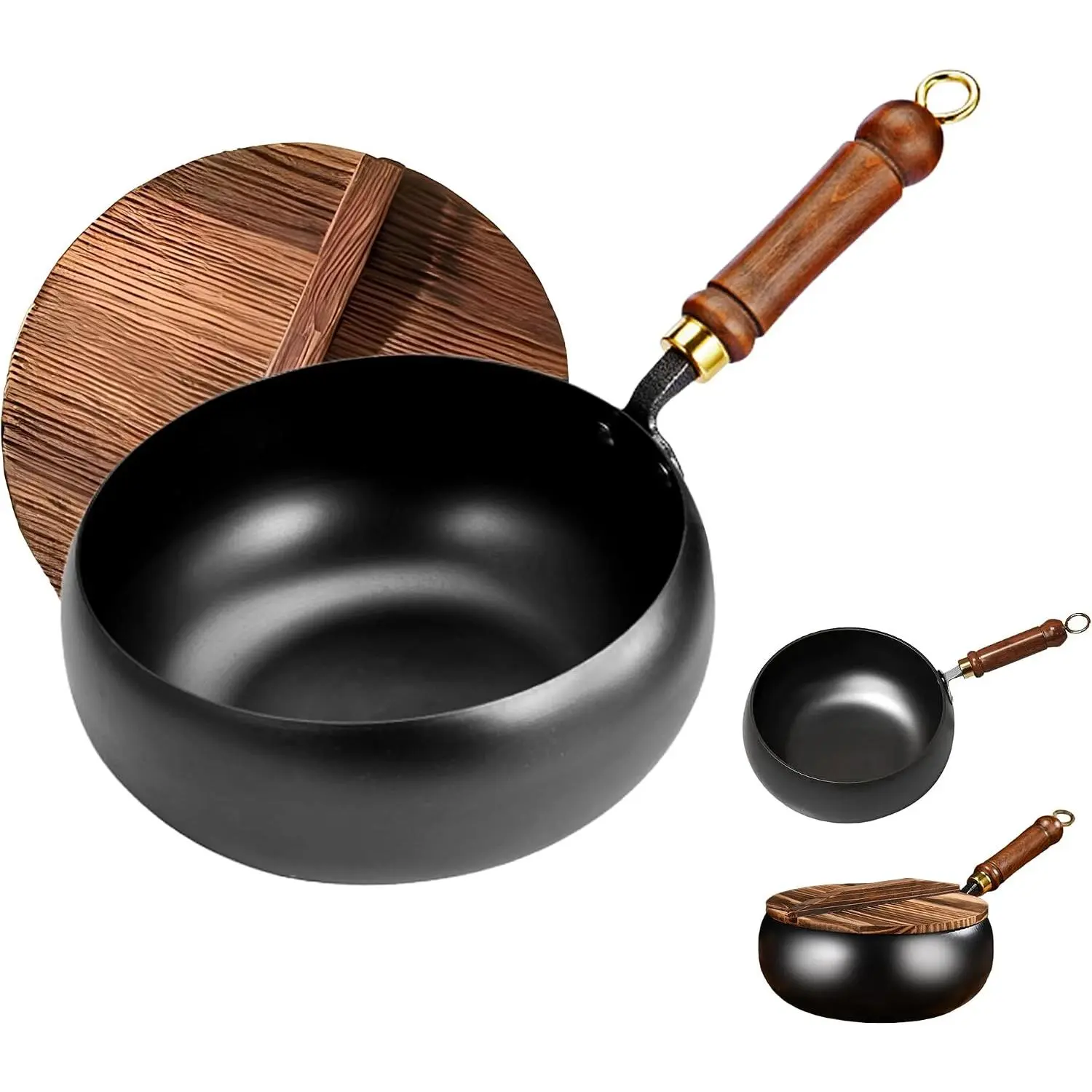 Cast Iron Wok Pan with Lid, Hand Forged Iron Skillet Nonstick Stir Fry Cooking Pan for Kitchen Home Cooking