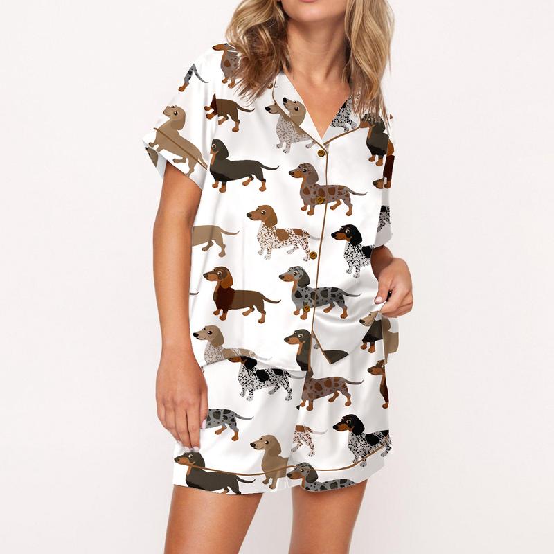 Puppies and Kitties Animals Pajama Set For Women Print Comfy Satin Sleepwear & Loungewear Pjs Printing Silky Short Sleeve Top & Shorts - SHESHOW
