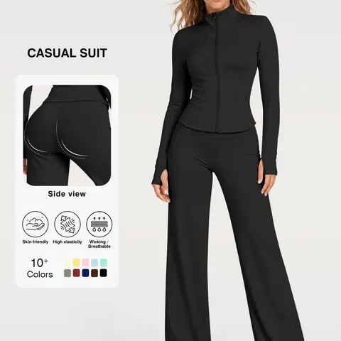 Flexaura Two-Piece Set, High-Waist Wide-Leg Pants & Zipper Jacket, Breathable Sporty, Long Sleeve, All Seasons, Yoga & Gym Wear, Sporty Suit