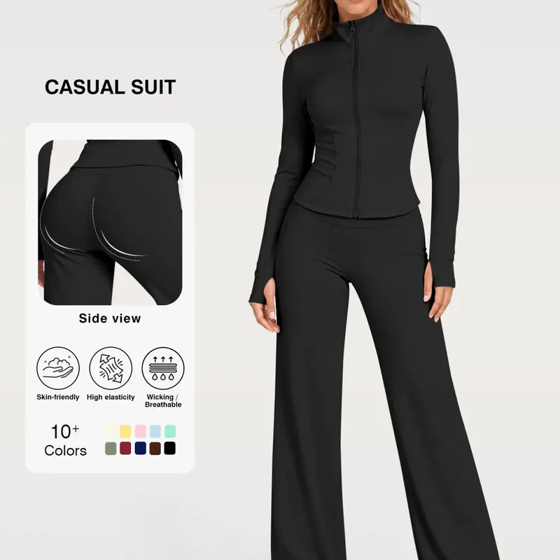 Flexaura Two-Piece Set, High-Waist Wide-Leg Pants & Zipper Jacket, Breathable Sporty, Long Sleeve, All Seasons, Yoga & Gym Wear, Sporty Suit