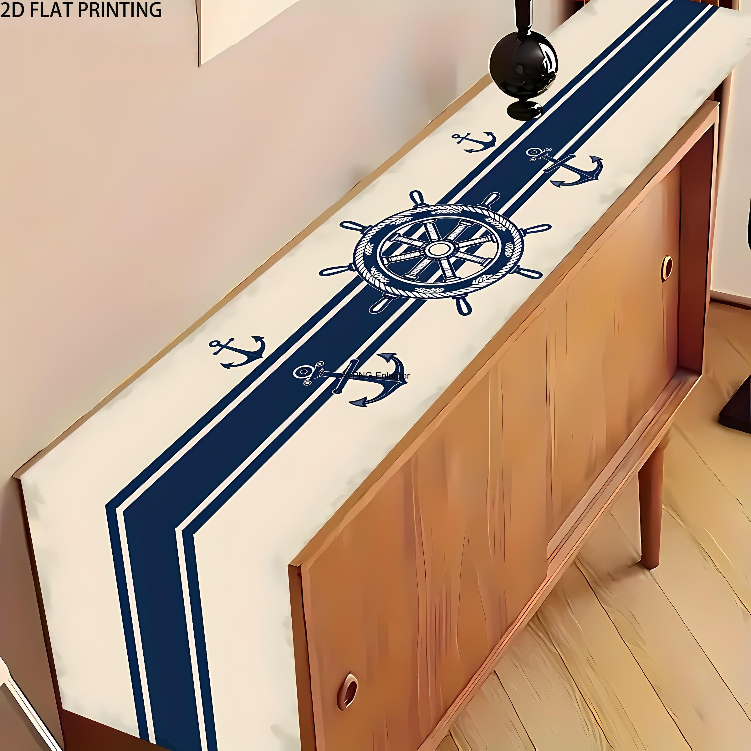 2D flat printing, 1 ship rudder anchor and sailor stripe rectangular table flag, suitable for dining tables, coffee tables, home party decorations, bright cultural decorations in kitchens, parties, and festivals