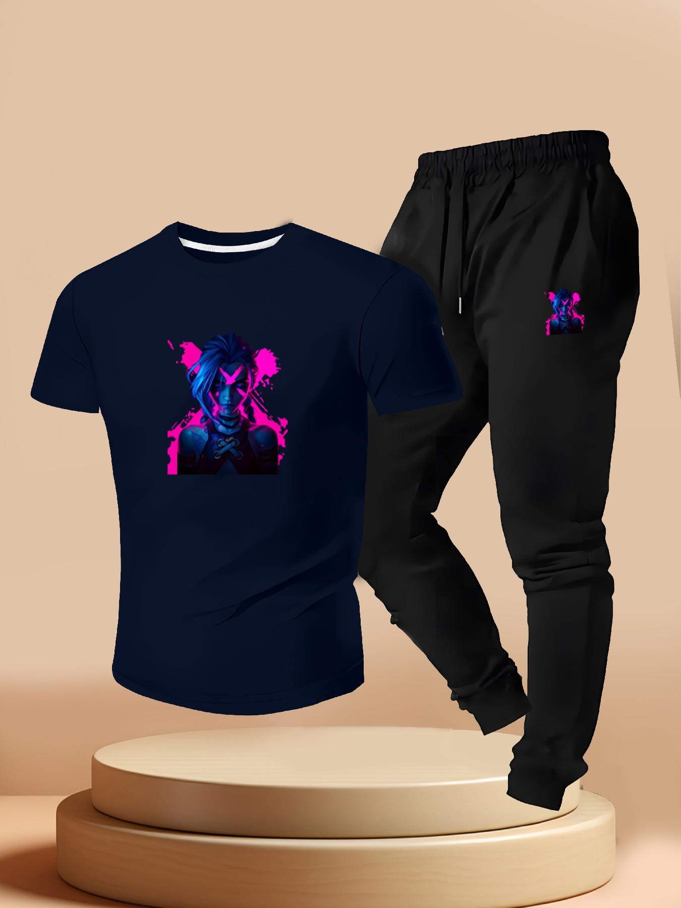 Cyberpunk Neon Gold Khione League of Legends Print, Casual Short Sleeve T-Shirt + Jogger Pants Set, Summer Gamer Style