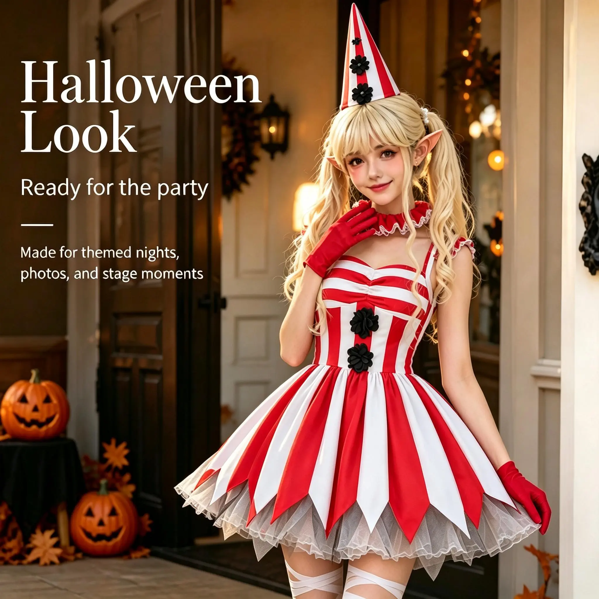 Women's Clown Cosplay Costume - Red White Striped Spaghetti Strap Dress with Zipper, Breathable Fabric, Cone Hat & Matching Accessories for Halloween Party Clothes