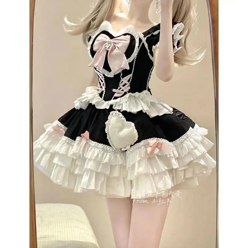 Women's Design Sweet Slim Patchwork Japanese Dresses Kawaii Lovely Bow Lolita Dress Y2k Pretty Lace Up Thin Princess Dress 2025