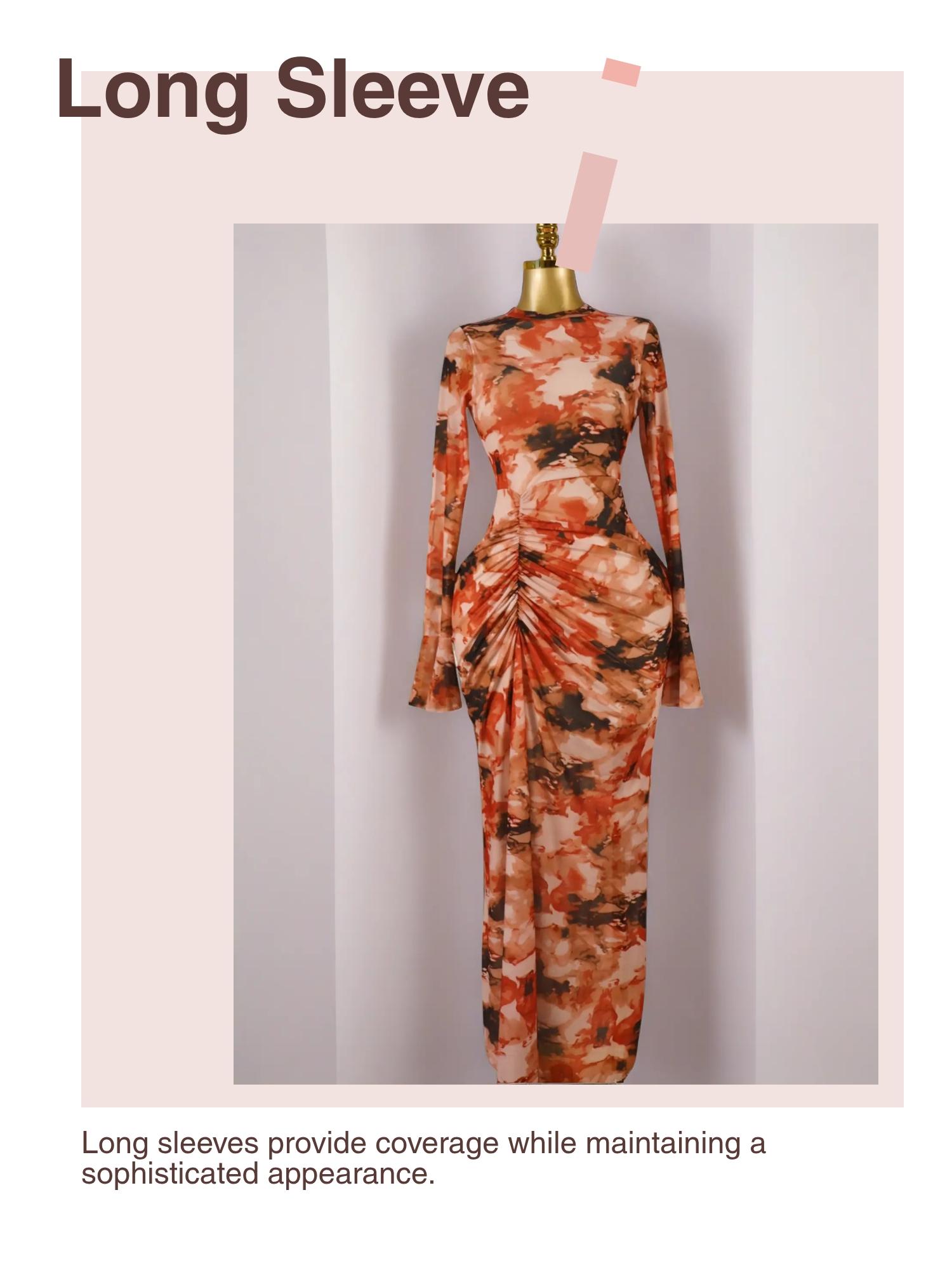 PULKRITU Elegant Women's All Over Print Long Sleeve Ruched Long Prom Dress, Fashion Evening Gown, Ladies Casual Dresses for Vacations and Parties, Female Brunch Dresses, Graduation Dress, Bodycon Dress, Cocktail Dress, Evening Party Gown
