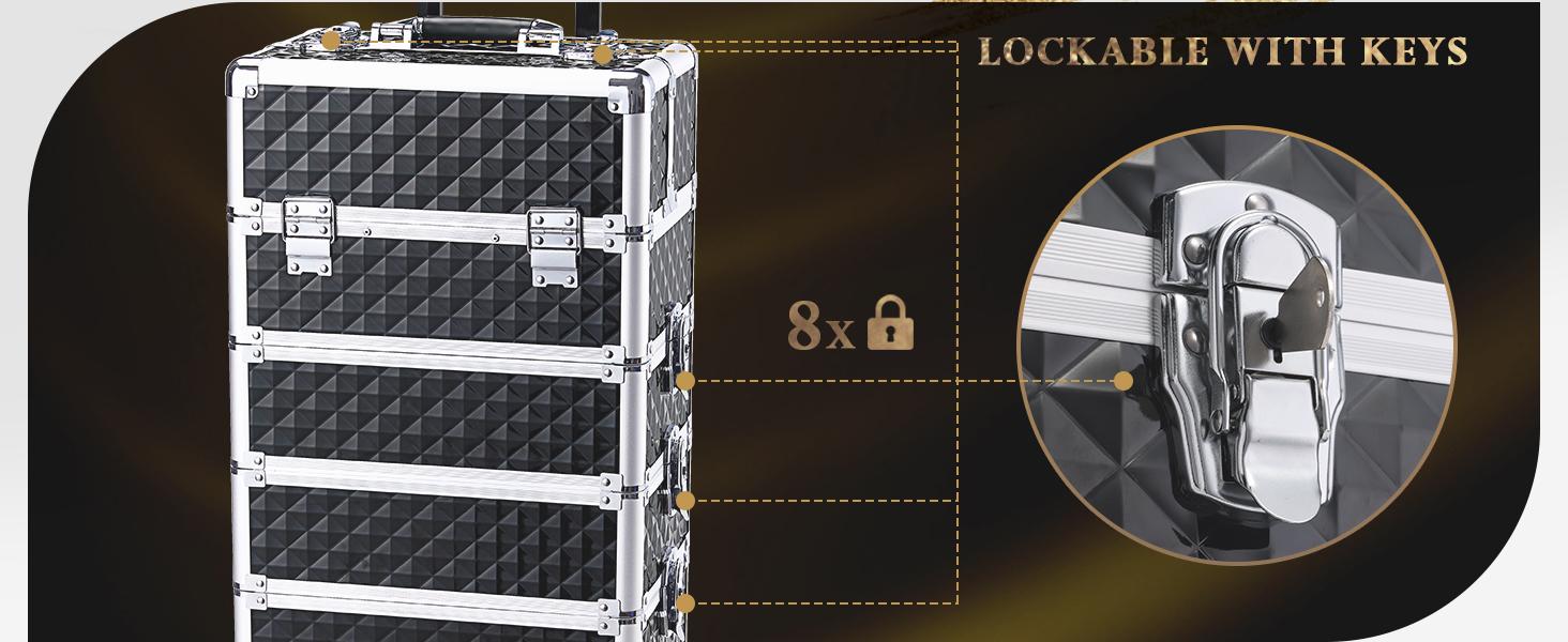 Joligrace 4 in 1 Rolling Makeup Train Case Large Cosmetic Trolley Box with Key Swivel Wheels Salon Barber Case