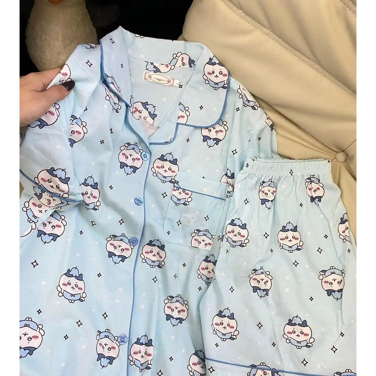 Cartoon Y2K Anime Usag Hachiware Round Neck Loose Long-Sleeved Shirt Pants Cute Pattern Household Clothes Summer Thin Pajamas