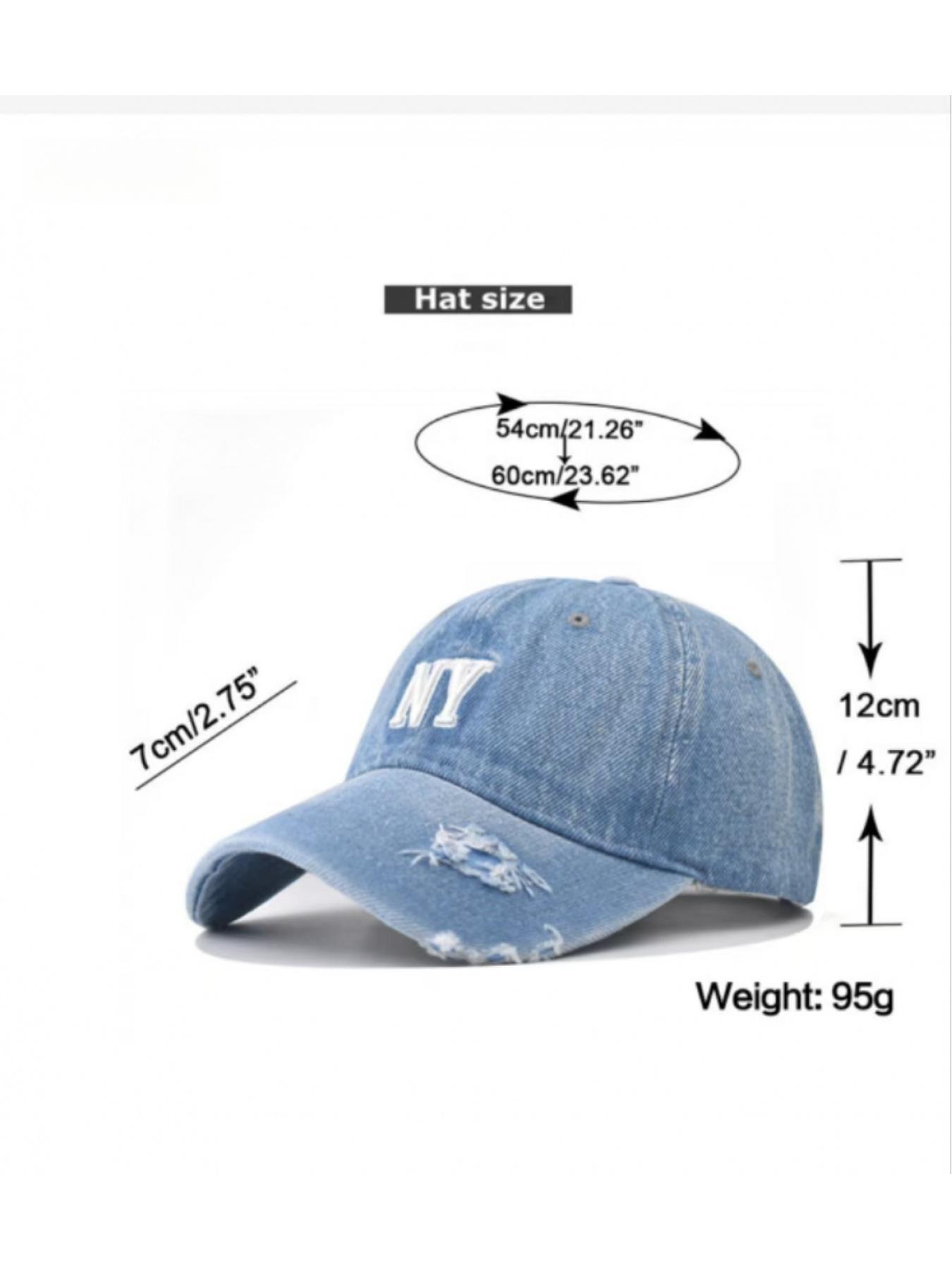 Washed vintage denim baseball cap with NY letter embroidery, versatile unisex peaked hat for all seasons