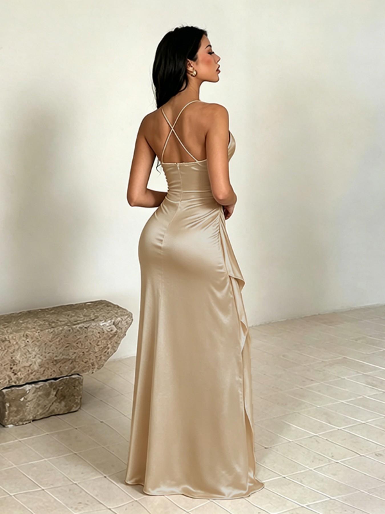 Wowdark Pleated Split Satin Evening Gown, Elegant Formal Party Cocktail Dress for Special Occasions, Luxurious Fabric Design, Perfect for Parties and Events