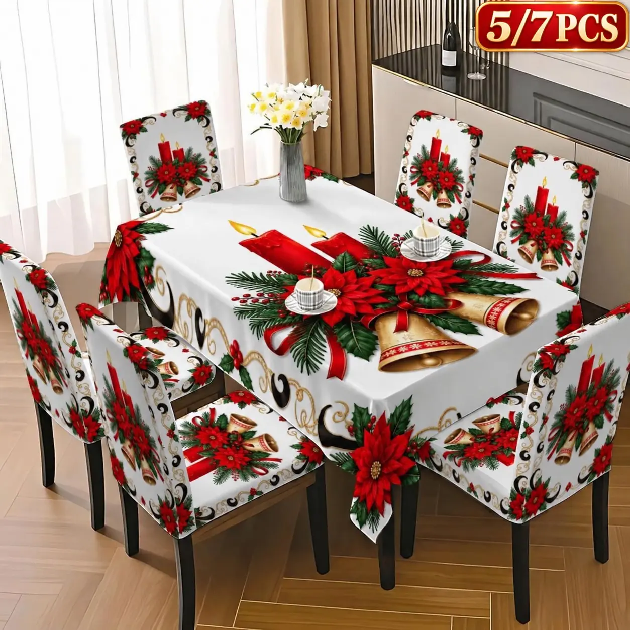 5/7 Piece Christmas Poinsettia Candle Bell Tablecloth and Chair Cover Set, 2D Printed Table Cover with Stretch Chair Protector, Washable Holiday Table Linen Set for Dining Room Decor, Home, Home Party Decorations, Christmas Party