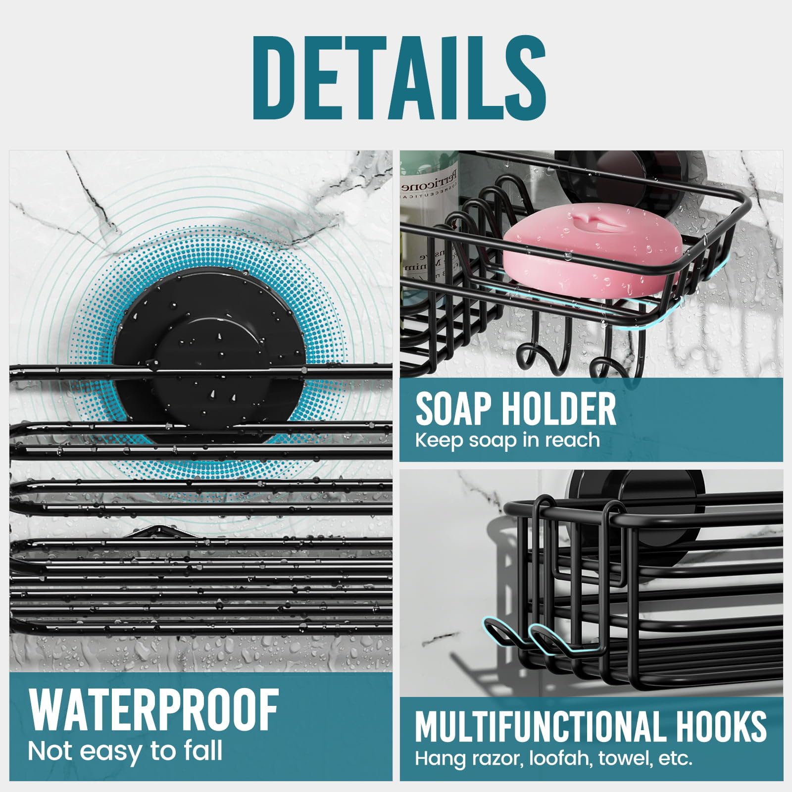 TAILI Black Metal Shower Caddy Suction Cup 2 Pack with Hooks & Soap holder, Rustproof Heavy Duty Shower Organizer for Bathroom, No Drilling