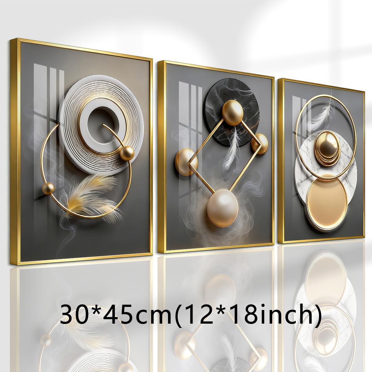 3 Counts Aluminum Alloy Framed Painting, Modern Abstract Geometric Gold And Feather Art Pictures, Home Decoration For Living Room, Bedroom, Office, Restaurant, Hallway Wall Decor, Odorless Print Artwork, Luxury Perfect Gift For Friends And Family