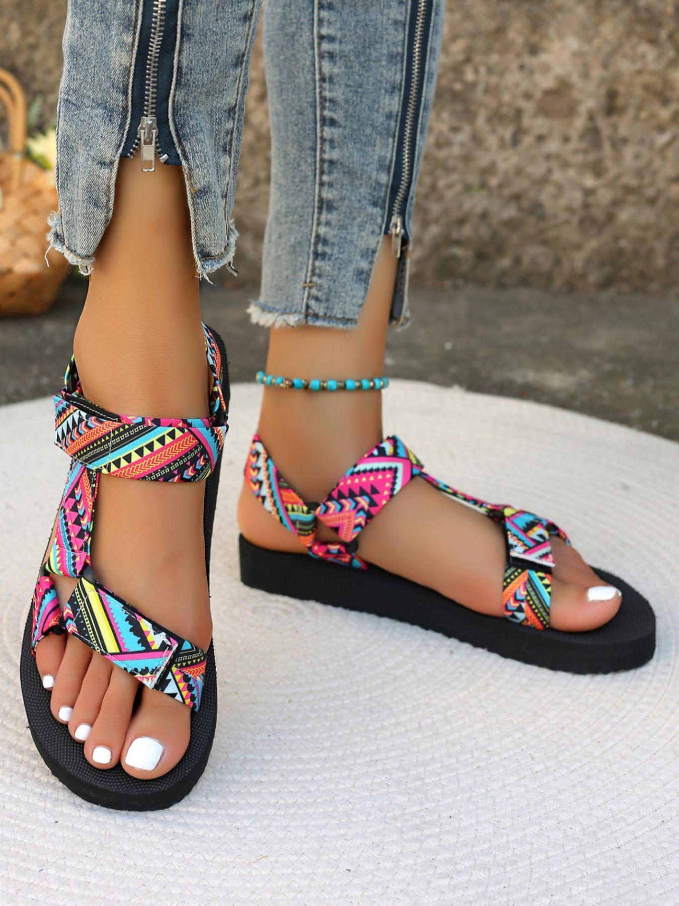 Women's Boho Style Colorful Strap Flat Sandals, Casual Trendy Slingback Sandals, Fashionable Sandals for Summer Beach Vacation, Bohemian Sandals