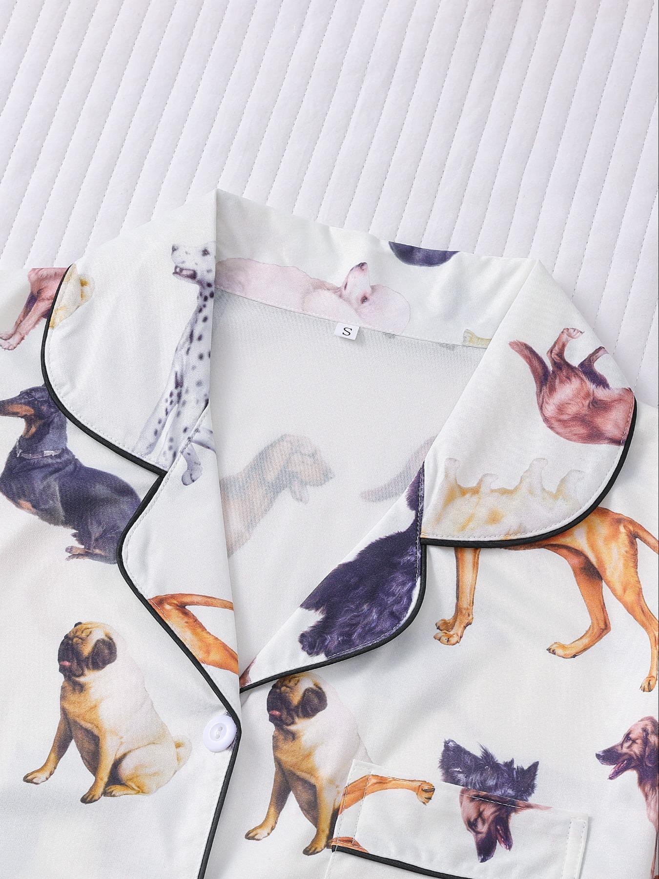 Women's All Over Dachshund Print Shirt & Elastic Waist Shorts Pyjama Two-piece Set, Casual Comfy Short Sleeve Collared Top & Shorts PJ Set, Ladies Sleepwear for All Seasons, Loungewear, Sleep Pajamas Shorts