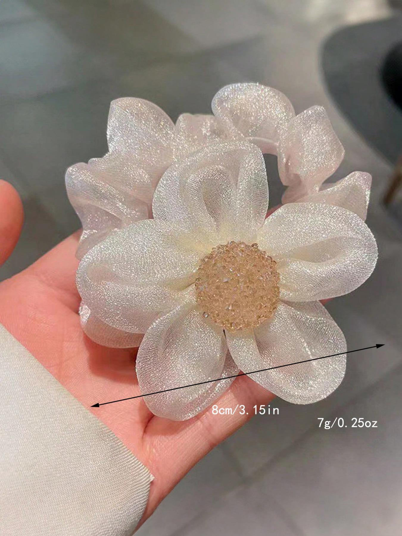 3pcs-Girls-Floral-Hair-Accessories-Set-For-Buns-Including-Beige-Organza-Flower-Hair-Elastic-Brown-Flower-Hair-Clip-And-Black-Hair-Tie-That-Are-Suitable-For-Daily-Life