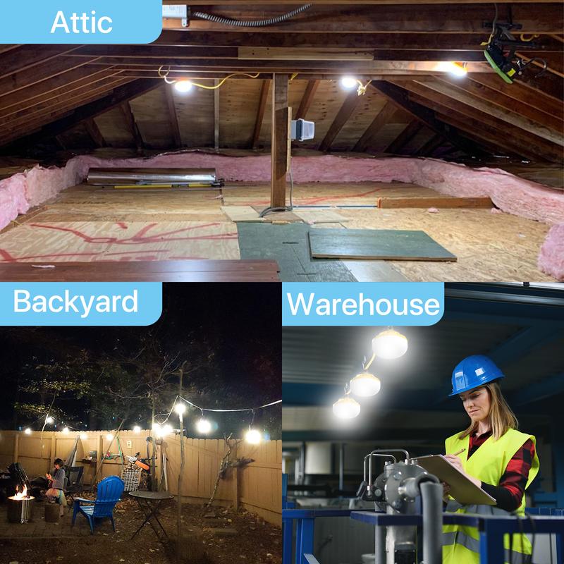 HYPERLITE Construction String Lights: 50FT/100FT 5/10 Bulbs String Work Lights with Climbing Hooks - IP65 Waterproof Linkable LED Construction String Lights for Job Site Attic Renovation Crawlspace Lighting，Outdoor，Jumpstart newyear