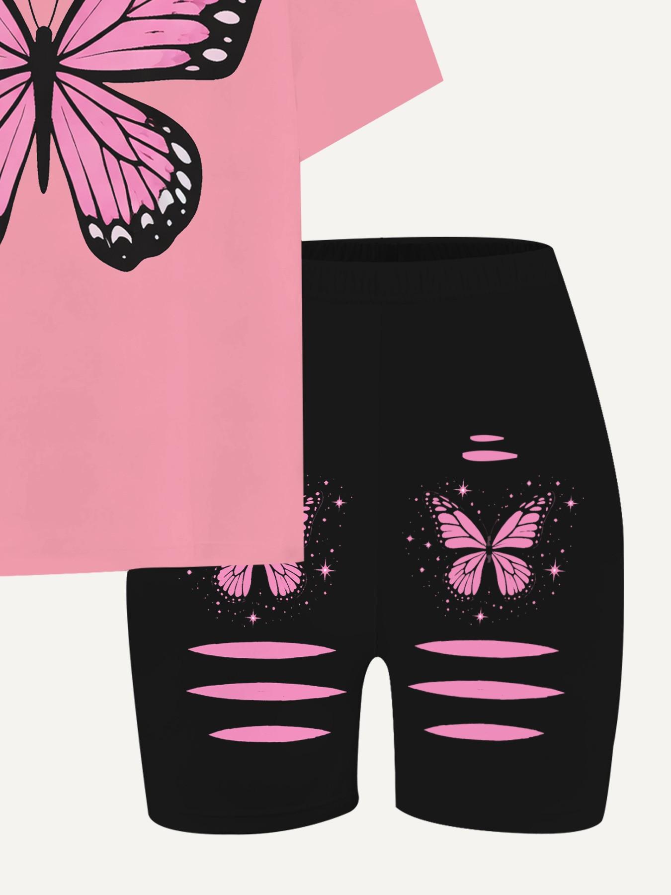 Dopamine Girls Pink Butterfly Print Short Sleeve Biker Shorts Set Summer Energetic Streetwear 2Pcs