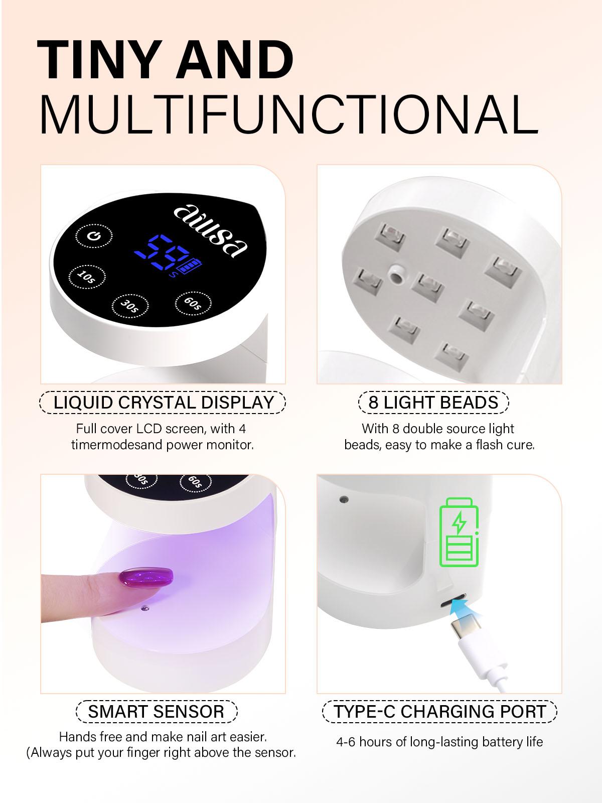 AILLSA Upgraded Mini UV Light with Auto Sensor, Rechargeable LED Flash Cure UV Lamp, 4 Timers Setting Nail Light for Nail Extension/Nail Polish, Portable USB Nail Dryer for Home&Salon Use Nail Art Nail Care nail light Cutics Manicure
