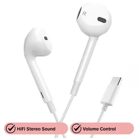 Type-C Wired Semi-In-Ear Earphones, Ear Phones with Cord, Portable HiFi Stereo Sound Full Bass Earphones with Microphone & Volume Control, Compatible with Samsung Plus & iPhone 15 Pro/16, Plug-in Earphones