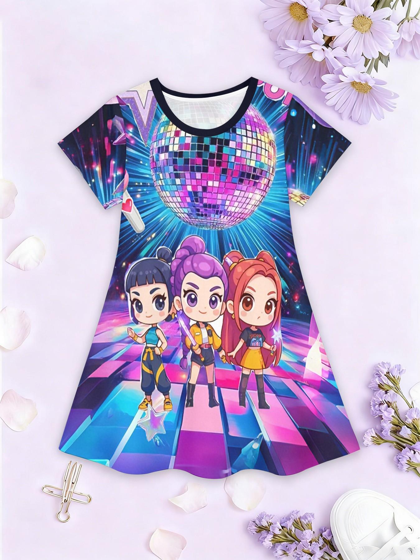 Girls' Witchy Disco Stage Dress, Q Version All-Over Print A-Line Skirt, Fashion Outdoor Wear, Birthday Gift, Festival Gift