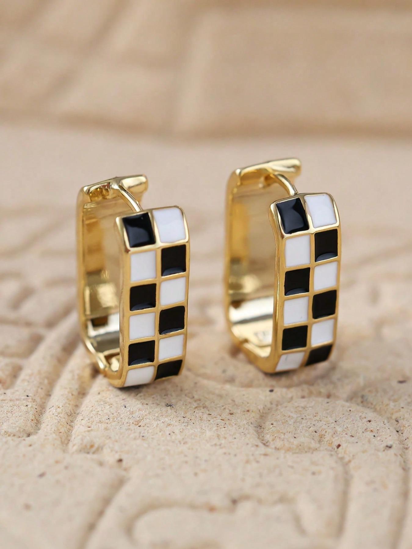 Checkerboard Pattern Hoop Earrings, Fashionable Casual Enamel Drip Earring Clip for Women for Party, Daily Decor, Trendy All-match & Exquisite Jewelry for Gift, High Quality Earrings